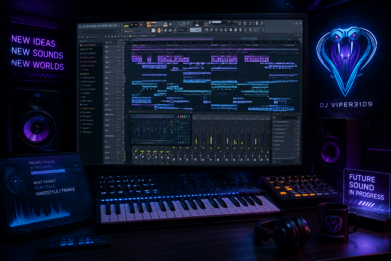 Sounddesign Dunkles Musikstudio mit Computer, MIDI-Tastatur und Beleuchtung, die Projekte anzeigt.