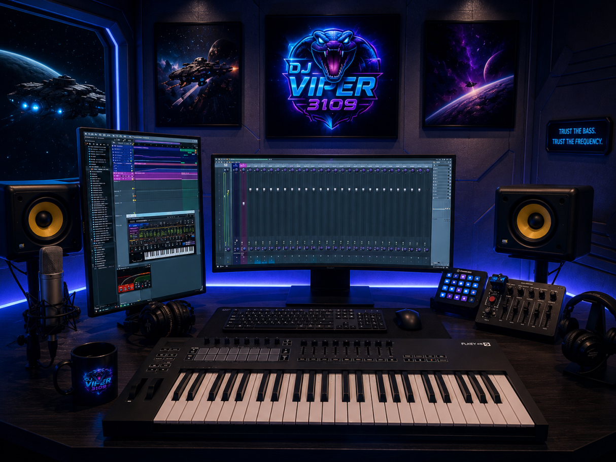 Das Studio Moderne Musikproduktionsumgebung mit Monitoren, MIDI-Keyboard und Audio-Equipment.